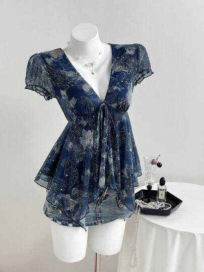 Elamini 复古 Perris 花卉亮片 V 领短袖收腰不对称下摆娃娃衫，女士，春夏款