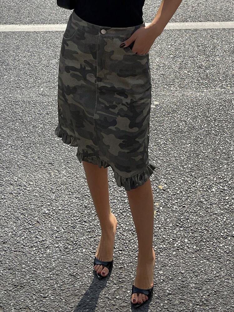 Camouflage Mermaid Ruffle Hem Casual Street Style Women Summer Skirt