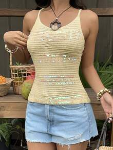 Sunnyshic Women's Yellow Sequin Camisole, Shiny Knit Spaghetti Strap, Sexy & Fashionable For Summer, Spring, Lazy Vacation, Beach Wear, Lightweight & Sheer - Yellow - View 4