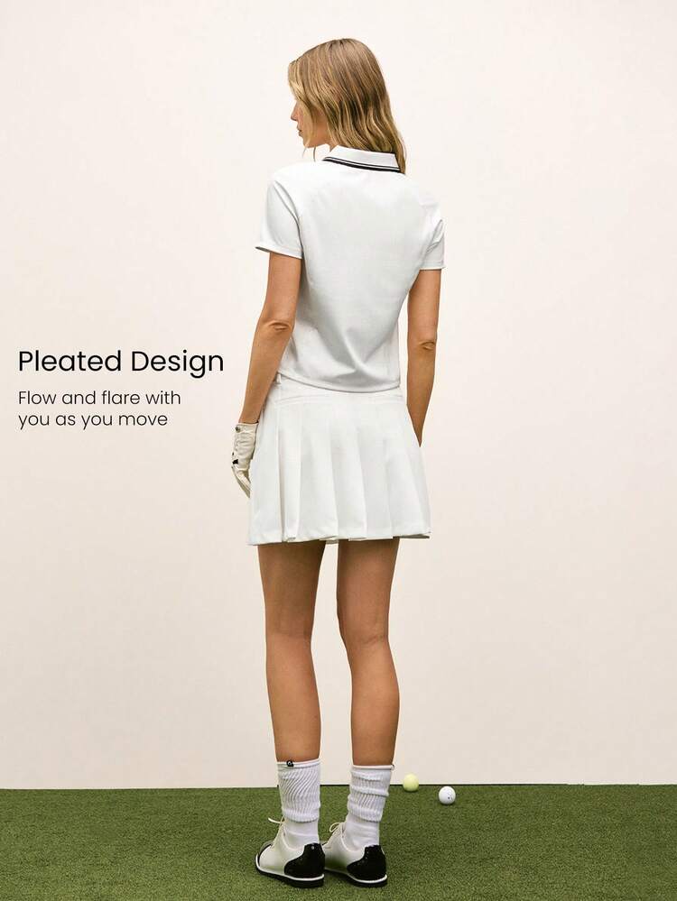 Silky-Smooth Cool Feel UPF 50+ Sunproof Sweat-Wicking Quick-Dry Built-In Shorts Side Zipper Pockets Back Loop Pleated Back Design Mini Golf Skirt Golf Tennis Pickleball Daily Casual Wear