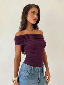 Aloruh Áo liền thân nữ kiểu dáng thường ngày, thanh lịch, gợi cảm, hở vai/Áo mùa hè/Trang phục gợi cảm/Áo liền thân màu tím cà tuyệt đẹp cho kỳ nghỉ/Áo hở vai nữ/Áo hở vai - Màu đỏ tím - Xem 8