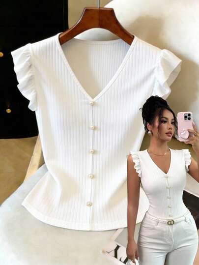 GlowEve Women's Solid Color V-Neck Faux Pearl Button Design Flare Sleeve T-Shirt