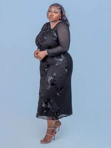 CurvyTilda Plus Size Women's Elegant Minimalist Chic Fashion Basic Everyday Wear Ins Style Office Commute Influencer Music Festival Embroidered Stretch Mesh Asymmetrical Neck Ruched Bodycon Slim Fit Long Sleeve Maxi Dress/New Year, For Hourglass Body Shape - Black - View 3