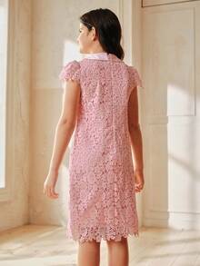 Anewsta Girls' Pink Butterfly Lace Short Sleeve Summer Dress, Spring/Summer - Baby Pink - View 7