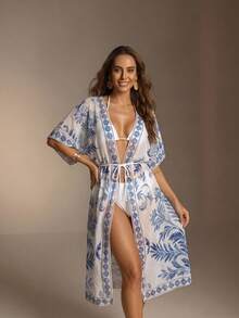 Swim Vcay Kimono suelto con flecos en las mangas de unicolor para mujer, adecuado para vacaciones - Azul y blanco - Ver 1