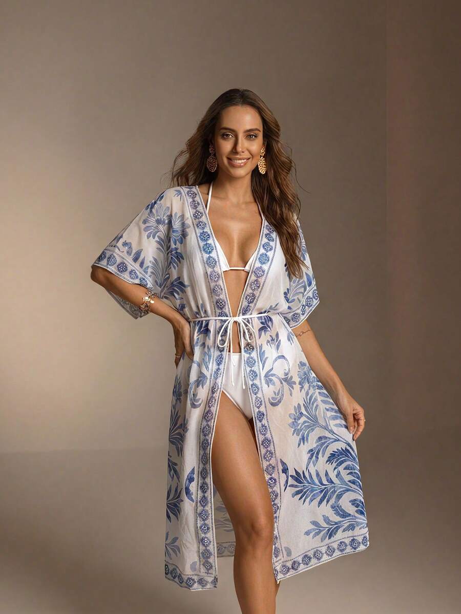 Swim Vcay Kimono suelto con flecos en las mangas de unicolor para mujer, adecuado para vacaciones - Azul y blanco - Ver 1