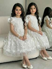 SHEIN 少女白色优雅蕾丝荷叶袖圆领公主裙 - 白色 - 查看 2