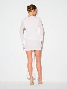 KIZN Women's White Mesh Drape Plunge Neck Long Sleeve Mini Dress Party Evening Wrap Style Bodycon Cocktail Dress With Tie Detail - White - View 3