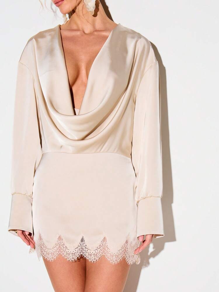 KIZN Satin Cowl Neck Mini Dress With Lace Trim