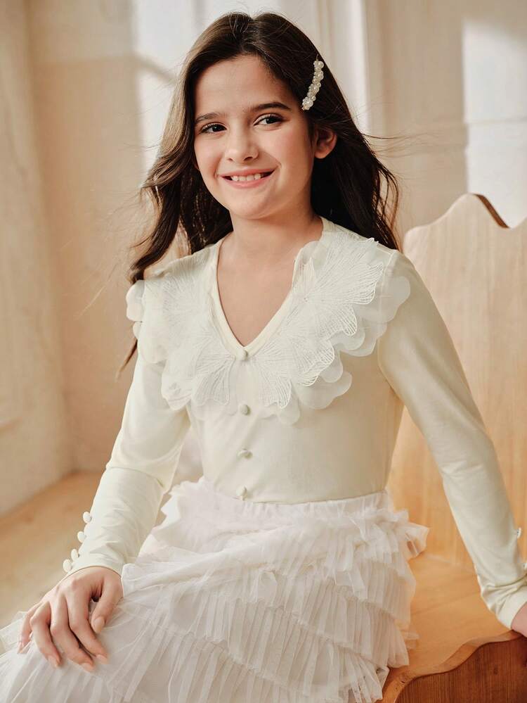Girls' Elegant Fashion Gentle Commute Versatile Lace Patchwork Knit Apricot Long Sleeve T-Shirt, Older Tween Girl