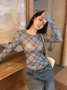 DAZY 春夏撞色拼接格子休闲街头风商务办公女式短袖T恤 - 藍色 - 查看 8