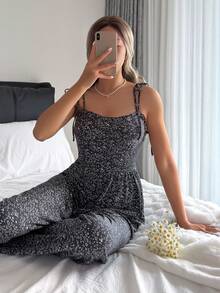 DAZY Women's Summer Floral Ruffle Shoulder Tie Strap Long Jumpsuit Pajamas - Black - View 8