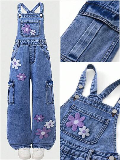 SHEIN ChillGRL 少女牛仔背带裤/连体裤，复古时尚牛仔背带裤/连体裤，休闲度假装，做旧水洗蓝色牛仔布，可调节肩带，直筒裤型，舒适棉质牛仔面料，适合春、夏、秋季穿着，时尚日常穿着，上学、聚会、居家皆宜。