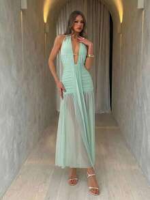 Aloruh Mint Green Beaded Mesh Knit Dress,Elegant Summer Holiday Dress For Women,Party Night,Prom,Graduation,Bridesmaid,Wedding & Events Formal Dress - Green - View 2