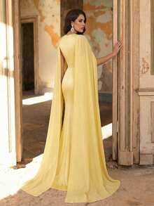 Aureia 大码优雅浪漫黄色圆领拼接灯笼袖鱼尾连衣裙，适合网红派对、庆典、正式活动、晚宴等场合。 - 黃色 - 查看 5