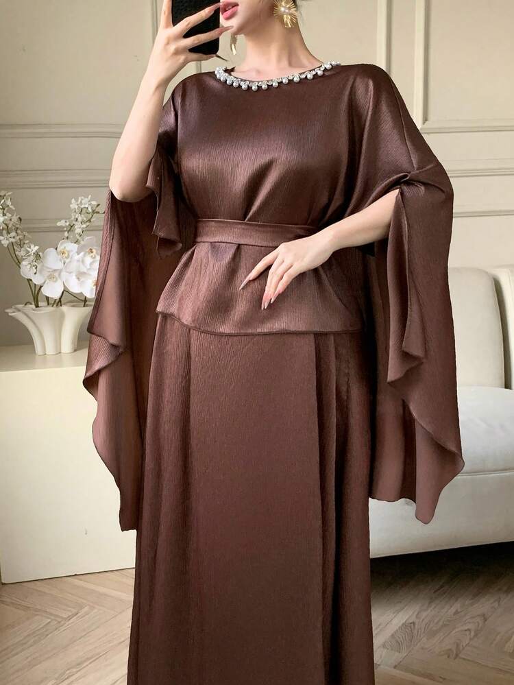 Women's Solid Color Faux Pearl Decor Cape Top And Sleeveless Dress Elegant 2-Piece Set