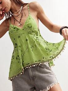 Bohemela Women's Floral Sequin Shell Trim Fashion Camisole - Green - View 2