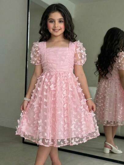 Pitira Tween Girls Partywear Solid Pink Sweet Cute Square Neck Tulle Puff Sleeve Waist Tie A-Line Dress, Princess Dress, White Dress, Suitable For Spring, Summer, Autumn, Winter, Elegant Princess Style, Formal Occasion, Party, Birthday, Girls Daily Wear, Holiday, Family Gathering And Special Occasion, Sister Matching, Cute Elegant Retro Fashion, Suitable For Back To School Season, Elegant Party, Date, Commute, Suitable For Wedding, Birthday Party, Prom, Bridesmaid, Formal Evening Gown, Graduation Ceremony, Spring Festival