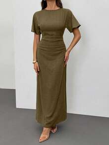 SHEIN Tall 女士夏季纯色亚麻混纺休闲优雅连衣裙 - 棕色 - 查看 3