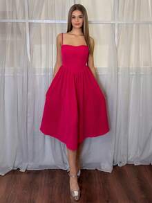Aless PB Fashionable & Versatile Party Date Strappy Cinched Waist Flowy Dress For Women, Autumn/Winter - Hot Pink - View 6