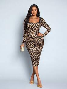 SOLERSUN 女士性感优雅撞色蕾丝豹纹方领修身中长裙，优雅通勤、休闲、约会、派对、性感浪漫，适合情人节、万圣节派对、春夏穿着。 - 棕色 - 查看 6