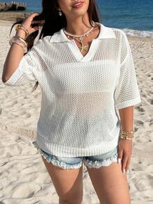 SHEIN EZwear 大码休闲纯色镂空针织毛衣 - 白色 - 查看 7