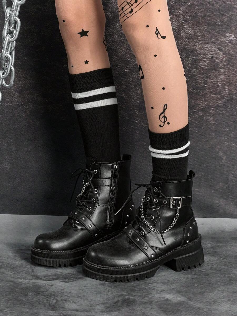 Sugerpunk 女士时尚摩托车靴，甜美酷炫侧拉链战斗靴，户外徒步时尚踝靴 - 黑色 - 查看 1