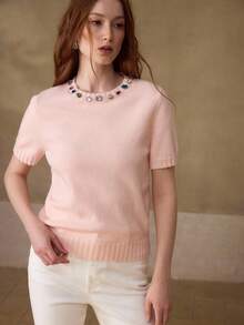 MOTF PREMIUM WOMEN'S RHINESTONE EMBELLISHED SHORT SLEEVE KNIT TOP - Pink - View 4