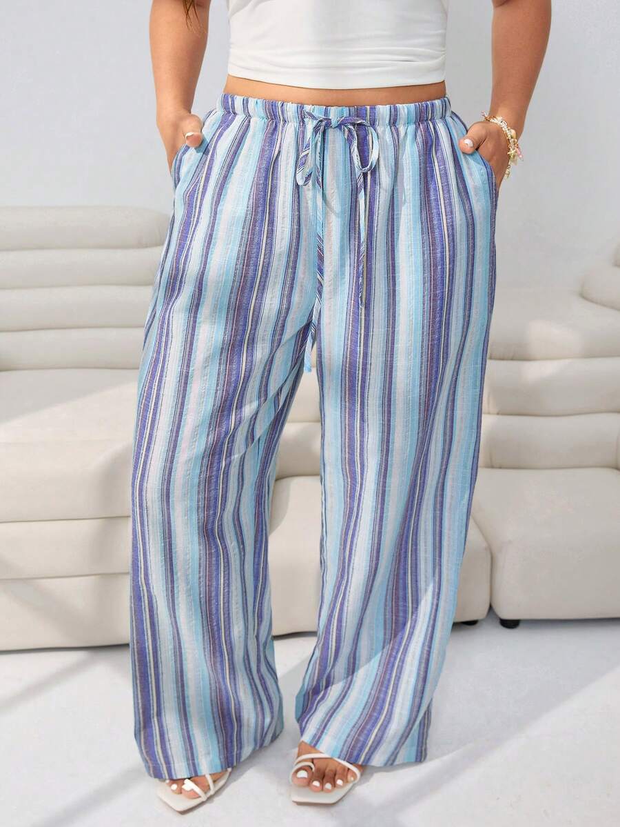 Solflare Pantalones de pierna ancha con bolsillos y cintura con lazo a rayas para mujer de talla grande, para primavera/verano - Multicolor - Ver 1