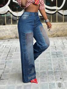 Slaydiva Women's Fashion High Waist Wide Leg Washed Denim Jeans - Blue - View 4