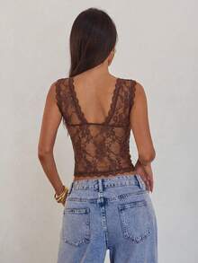 Aloruh Women's Brown Lace V-Neck Sleeveless Sequin Embroidered Tank Top - Brown - View 2
