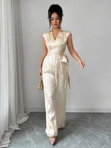 Elenzga Bộ áo liền quần mùa hè dành cho nữ, chất liệu jacquard, cổ chữ V, không tay, thắt eo, mở phía trước, màu sâm panh. - Rượu sâm banh - Xem 3