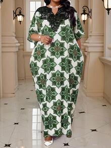 SHEIN Lady 大码优雅印花蝙蝠袖连衣裙，沙滩裙，度假装，波西米亚风 - 彩色 - 查看 4