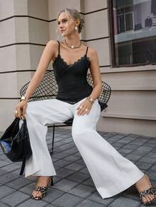 Opuloom Nuevo top de tirantes de encaje con parches, bajo asimétrico, elegante y casual para vacaciones, citas, fiestas y uso diario, primavera/verano - Negro - Ver 7