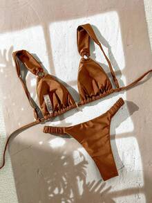 Swim Chiccia Swim Chic Sea-D 女士纯色细肩带金属装饰比基尼套装，春夏款 - 棕色 - 查看 4