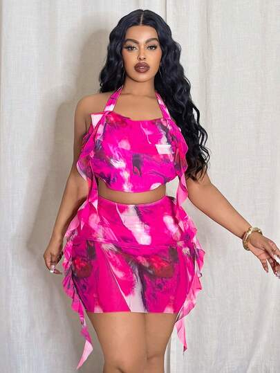 Slaydiva Plus Size Women's 3-Piece Set: Tie-Dye Halter Top & Printed Mesh Mini Skirt, Beach Vacation Outfit