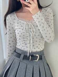 FRIFUL 女士碎花撞色蕾丝系带长袖休闲T恤 - 白色 - 查看 6