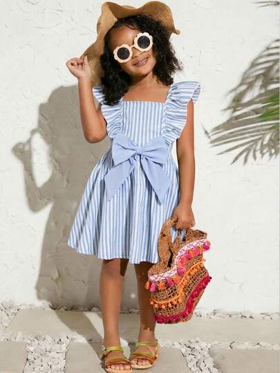SHEIN Young Girl Blue & White Striped Butterfly Ruffle Trim Short Sleeve Pink Casual Dress, Fashionable Everyday Wear For Infants, Spring/Summer Resort