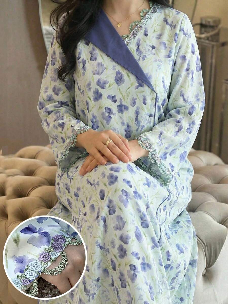 Al Najma Women's Elegant Floral All-Over Print Arabic Style Dress - Multicolor - View 1