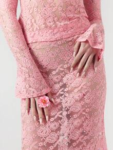 OverBlushhh 女士粉色水钻蕾丝长袖中长连衣裙，高领露背闪亮薄纱优雅派对俱乐部婚礼宾客春夏装 - 粉色 - 查看 8