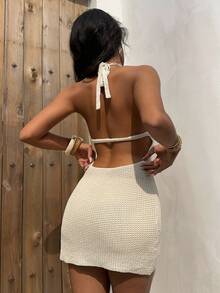 Aloruh 女士纯色钩针迷你连衣裙，饰有贝壳图案，适合海滩度假 - 杏色 - 查看 4