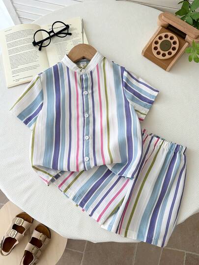 LMoss Kids 男童休闲舒适百搭条纹印花短袖衬衫和纯色短裤套装