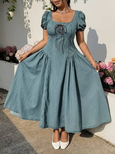 GalTyme Plus Size Women's Denim Dress With Tie-Up Detail And Puff Sleeves, Elegant,For Daily Commute,Date, Commute, Party,Fall /Autumn/Winter/Summer,Christmas,New Year,Thanksgiving,Party,Wedding,Beach,Graduati,Chic,Elegant,Casual,Going Out,Date,Appointment,Commute,Shining,Valentine's Day,Elegant ,Vacation,Casual,Y2k,Sexy,Party,Wedding ,Going Out,Graduation