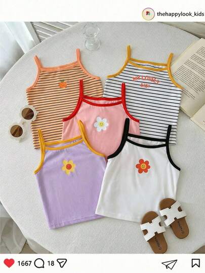 THE HAPPY LOOK 5pcs/Set Young Girl Summer Dopamine Color Loose Versatile Camisole Tank Tops, Suitable For Home, Outing And Vacation