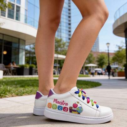 TENIS BORDADOS  SUELA ANTIDESLIZANTE Para Niña Mujer Maestra Manzana abcd