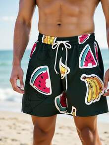 Manfinity Swimmode 男士抽绳腰带口袋水果印花休闲沙滩短裤 - 綠色 - 查看 3