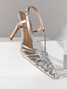 SHUZIA 女士优雅时尚尖头交叉细高跟鞋 - 銀色 - 查看 5