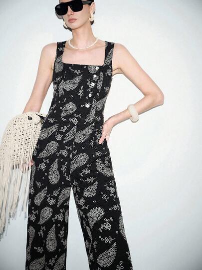 Lumivelle Women's Casual Vacation Cashew Flower Square Neck Sleeveless Cinched Waist Contrast Button Jumpsuit, Spring/Summer