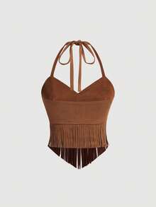 SHEIN MOD 女士复古嬉皮铆钉流苏棕色麂皮A字裙套装，秋季裙装，纳什维尔风格穿搭，海盗风半裙 - 棕色 - 查看 7