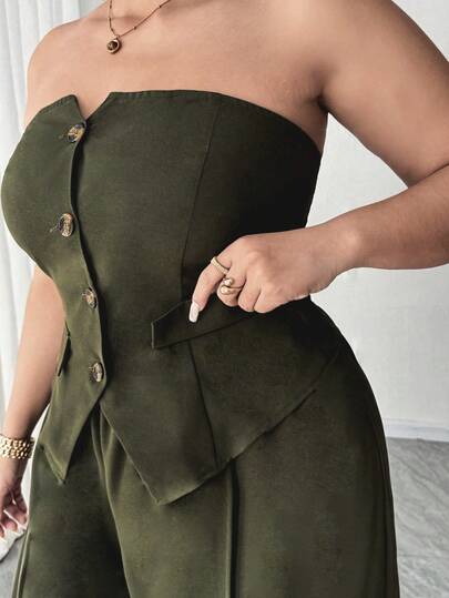 Elenzga 大码女士优雅背心裤套装，军绿色条纹无肩带长裤，修身显瘦连体裤，适合毕业典礼、节日、情人节、音乐节、母亲节、万圣节、感恩节、复活节、国庆节、晚宴、约会派对、婚礼季、户外活动等场合。